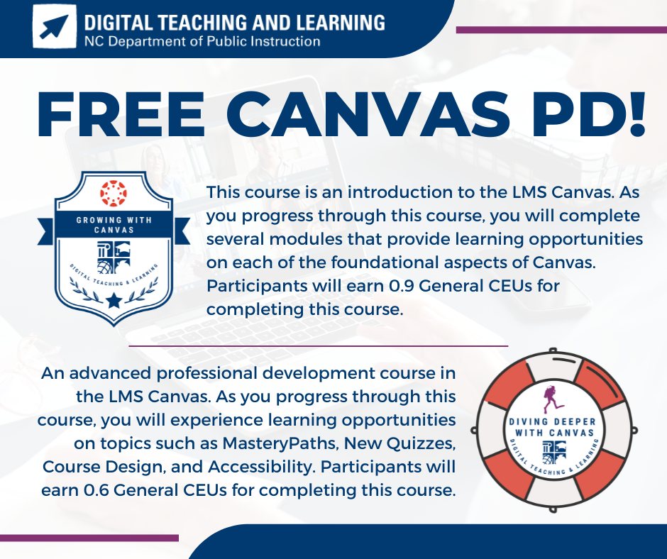 .<a href="/ncdpiDTL/">NCDPI DTL</a> is excited to share two new self-paced professional development courses on <a href="/nccanvas/">NC Canvas</a>. Enrollment information can be found in the NCEES Self-Paced PD Guide: bit.ly/nceesspcourses
#NCEd