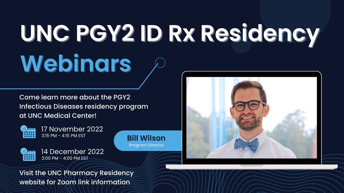 🗣️ Interested in pursuing a career in infectious diseases pharmacy?! 🦠💊🧫 Come learn more about our PGY2 ID Residency at UNC Medical Center from our crew of amazing preceptors &amp; current resident at upcoming webinars!! 🤩 See site below for details 📲💻

uncmedicalcenter.org/uncmc/professi…