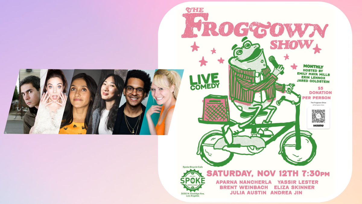 Great lineup this Saturday featuring <a href="/BrentWeinbach/">Brent Weinbach</a> <a href="/elizaskinner/">Eliza Skinner</a> @aparnapkin <a href="/andreajin_/">andrea☁️</a> #yassirlester &amp; #juliaaustin - come on out to <a href="/spoke_lariver/">Spoke Bicycle Cafe</a> this week!
Hosted by <a href="/emilymayamills/">Emily Maya Mills</a> @ErinDeweyLennox @heyjaredhey 🐸