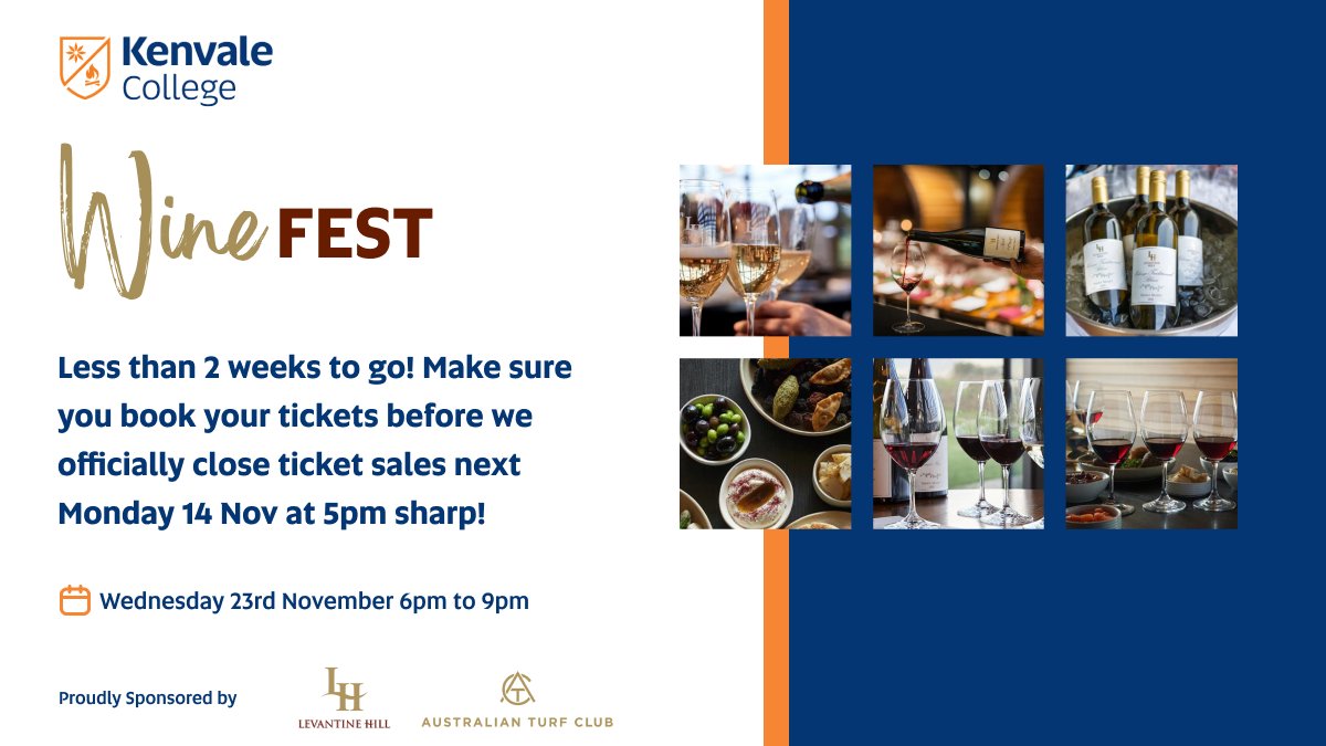 KenvaleCollege's tweet photo. Will we see you at Winefest 2022? Tickets are still available but be quick! Sales close Monday 14 Nov 5pm. Link to book:
https://t.co/NJfPiGkmcX

#winefest #LevantineHill #KenvaleCollege #winetasting #RoyalRandwick #Sydney #foodie #networking #thingstodosydney #cocktailevent https://t.co/N2IZKyaDqj