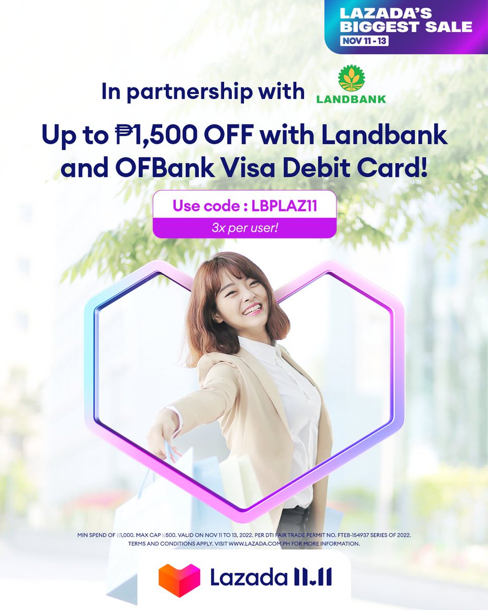 Ka-Lazada, checkout with your Landbank and OFBank Visa Debit Cards for 15% off this #LazadaPH1111! 

Pro-tip: this code can be used up to 3x per user.🤩

👉 lzd.co/LBPLAZ11
#LazadaBiggestSale #LazadaPH1111 #LazadaPH