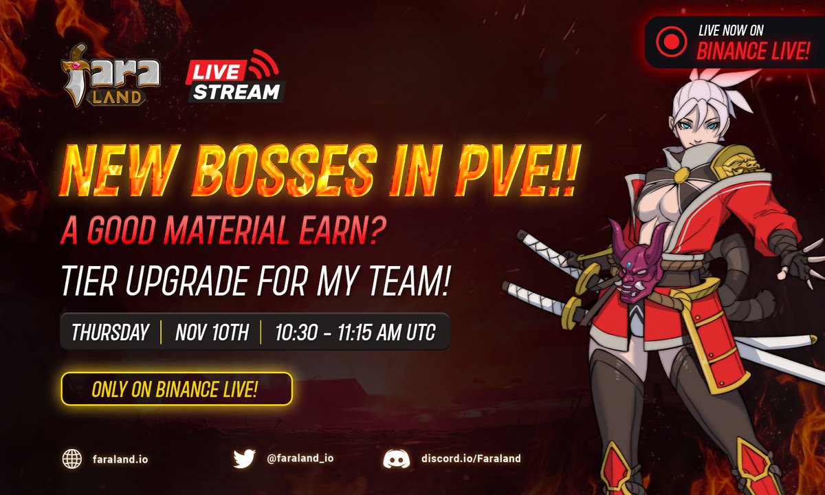 taman_fun's tweet photo. 📺Faraland Live Stream: New Bosses available in PvE!! How about an UPGRADE?

⚠️Exclusively on Binance Live 

🫡 Would these be good material earns?

💧Add to your Calendar and Join us!

⏰10:30 - 11:15 AM UTC Nov 10th, 2022 at: https://t.co/xDQZ4Hp4R1

#Faraland #BNBChain https://t.co/lMC8mDlfIH