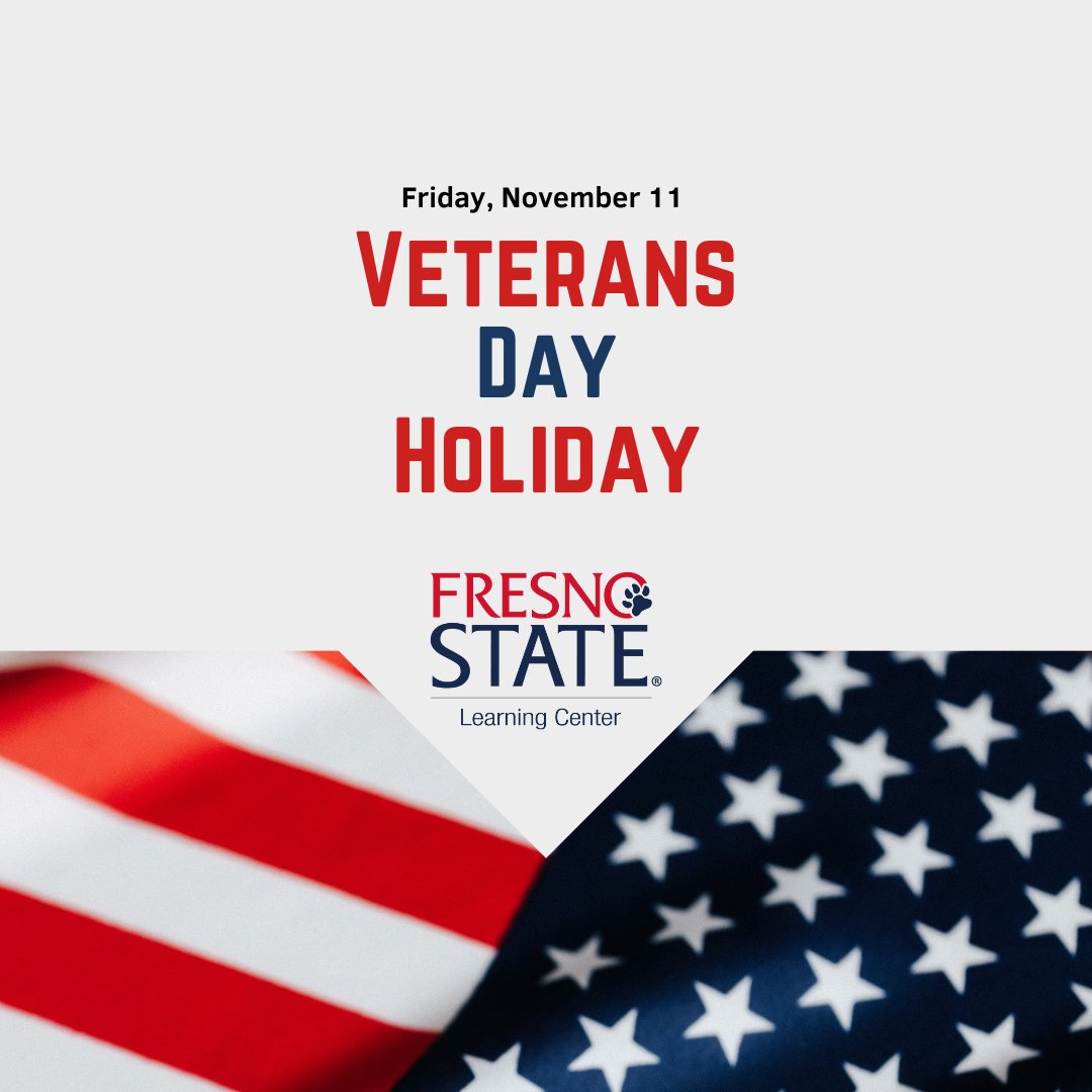 In observance of the Veterans Day holiday, the Learning Center will be closed Friday 11/11. Tutoring, Supplemental Instruction, and Academic Success Coaching will resume Monday 11/14. Thank you to all who have served.
