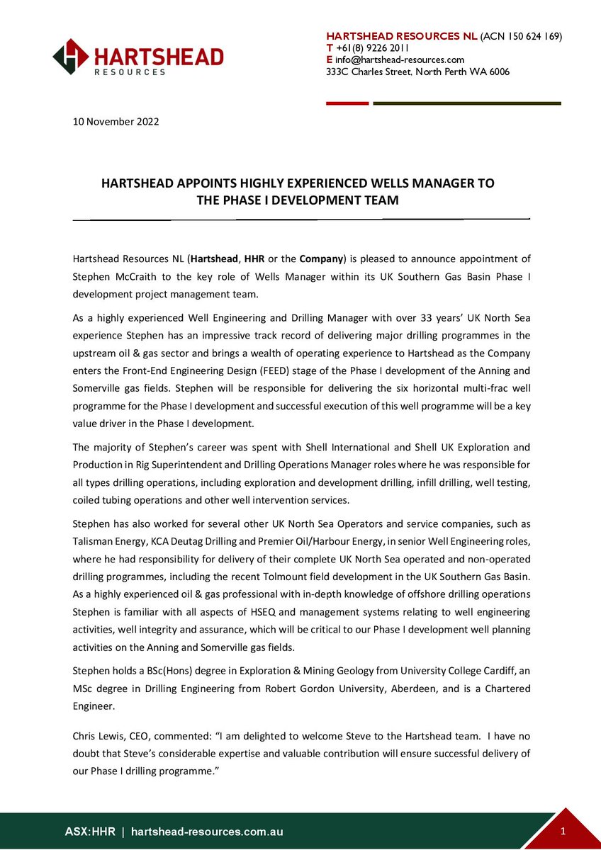 Hartshead_HHR's tweet photo. Hartshead Resources NL is pleased to announce the appointment of Steve McCraith to the key role of Wells Manager within its UK Southern Gas Basin Phase I development project management team.

Read more: https://t.co/te0CDVtMCE

$HHR.ax #oilgas #gas https://t.co/7TdK4kRuRe