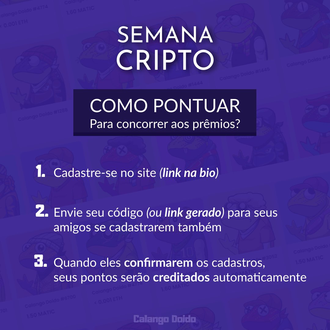 CalangoDoidoNFT's tweet photo. Já está pontuando para concorrer PRÊMIOS na Semana Cripto?
Veja como é simples! Dê #RT para mais gente ter chance de participar!! 🦎🖖
INSCREVA-SE: https://t.co/PprHAflnn7
#calangodoido #NFTBrasil #sorteio #cripto #semanaCripto https://t.co/dybT0J5r7L
