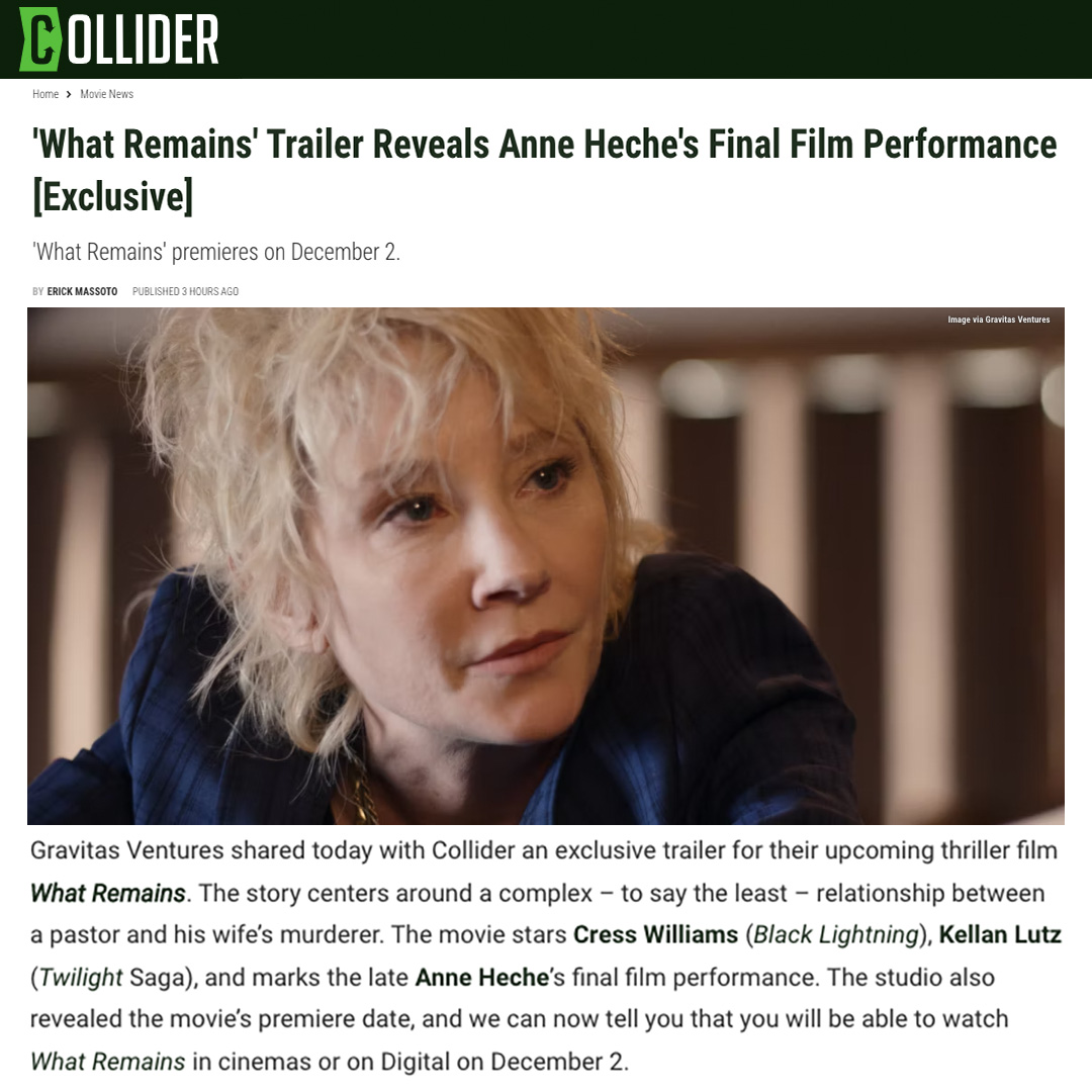 Trailer drop for one of Anne Heche’s final performances live on YouTube now: Nathan Scoggins’ WHAT REMAINS, coming from Gravitas Ventures to theaters and digital December 2. Watch on YouTube here: youtu.be/ITGyVW6uvm8