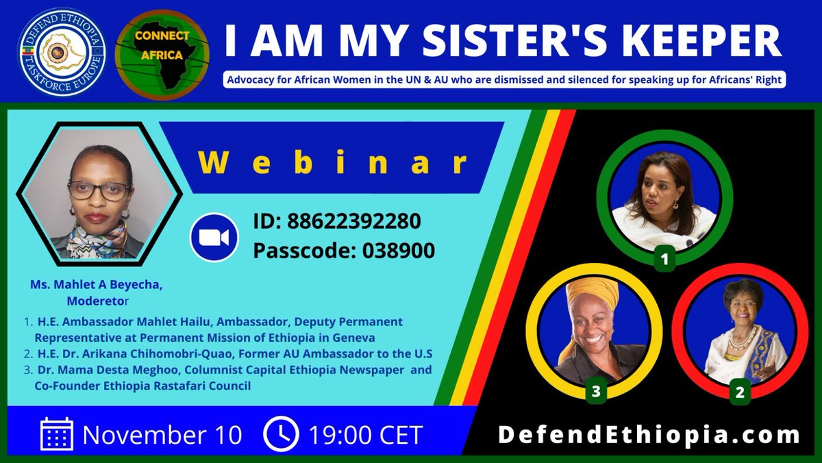 👉Join us in Remembering & Celebrating our African Women, who're dismissed & silenced by the UN & AU for speaking up for Africans' Right. Nov 10 @ 9 pm EAT, 7pm CET
#IamMaureenAchieng #IamDenniaGayle #RemoveDrTedros 
@iyoba4u
@matinyarare 
@Futurical 
@BilleneSeyoum 
@POEthiopia
