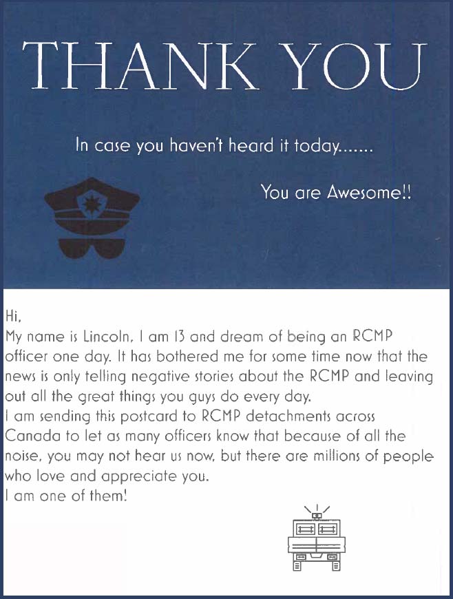 KelownaRCMP's tweet photo. This warmed our hearts today, thank you Lincoln! https://t.co/8giSeWQN04