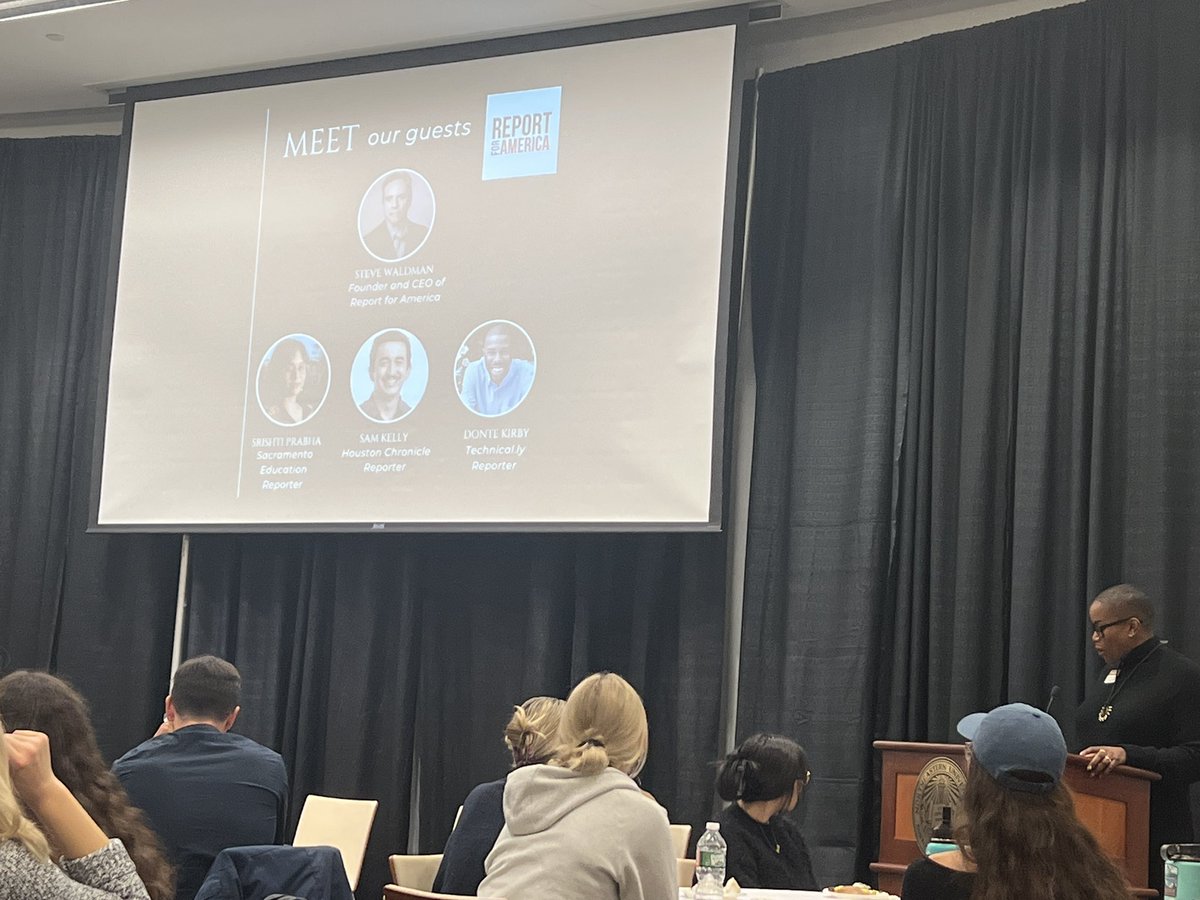 JennZHOUY's tweet photo. Steve Waldman, the CEO and founder of Report for America, and the panelists present a public panel regarding Reporting for America in the Raytheon Auditorium at Northeastern University. https://t.co/q46bB4Oleq