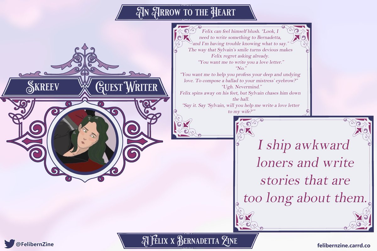 FelibernZine's tweet photo. We now have our fantastic guests to introduce!! 
First up we have our amazing guest writer and Felibern truther, the wonderful and talented @skreev1 !!💜💙 https://t.co/KbvQYAlGT8