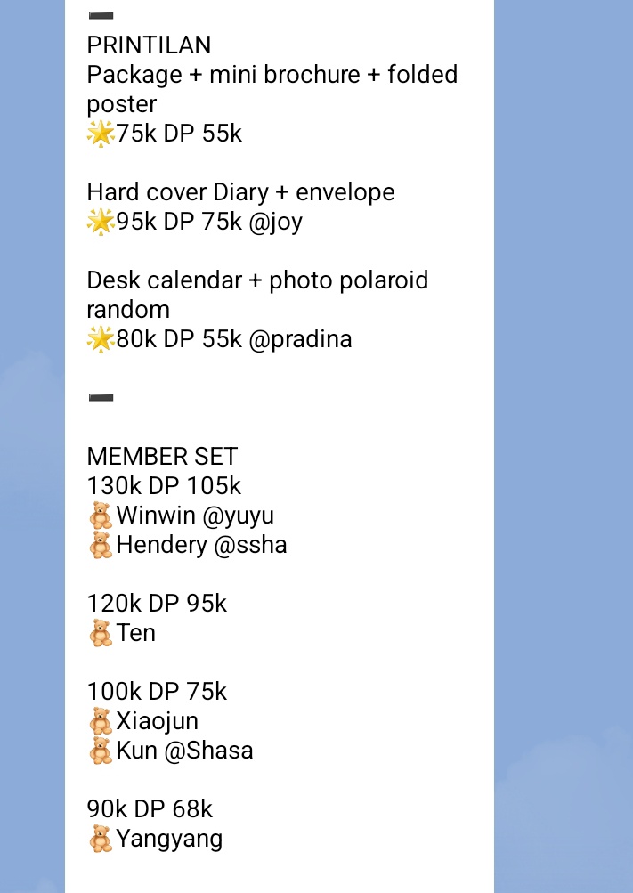 Sharing season greeting wayv nih, masih ada package + mini brochure + folded poster 75K

Member set ten, xiaojun, yang yang yuk yuk