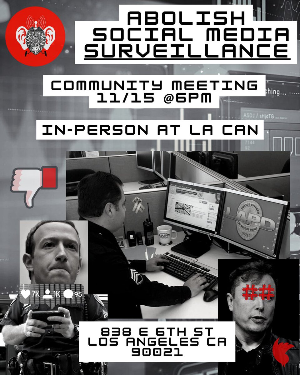 The LAPD has rapidly been growing its social media surveillance arsenal, targeting the same communities they have always targeted for criminalization, surveillance and violence. Join us TUE 11/15 @ 6PM, in-person at LA CAN to learn more!
Details here: stoplapdspying.org/abolish-social…