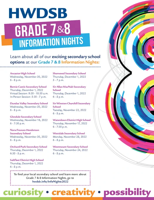 Flyer for HWDSB Grade 7 & 8 Information Nights. Go to hwdsb.info/InfoNights2022 for a full list of dates and times.