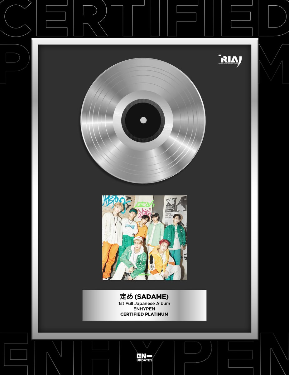 enhypenupdates's tweet photo. #ENHYPEN’s 1st Japanese Album "定め (SADAME)" is now certified Platinum in Japan for selling over 250,000 copies! 🔥

It is now their 8th RIAJ Certification (1 for each release), making them the 4th Gen K-pop Group to hold the most RIAJ certifications.

@ENHYPEN_members @ENHYPEN https://t.co/t6jBlYxbyt