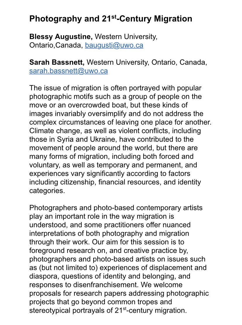 #ForArtHistory2023 

Deadline: Fri, 11 Nov 2022 

Photography and 21st-Century Migration  

<a href="/blessyaugust/">Blessy Augustine</a> <a href="/sarah_bassnett/">Sarah Bassnett</a> 

#art #arthistory #visualcultures #CFP