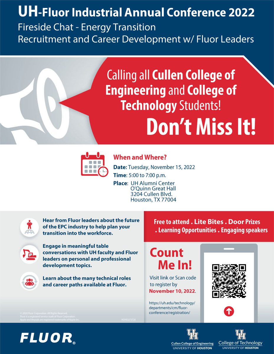 UHEngineeringSL's tweet image. We are days away from the UH- @FluorCorp Industrial Annual Conference 2022!

Join the @UHCOT and @UHEngineering for an evening of meaningful conversations and networking with Fluor Corporation leaders.

To register  lnkd.in/g8Faiye4

#uhcot #Engineering #UHFluor #uh
