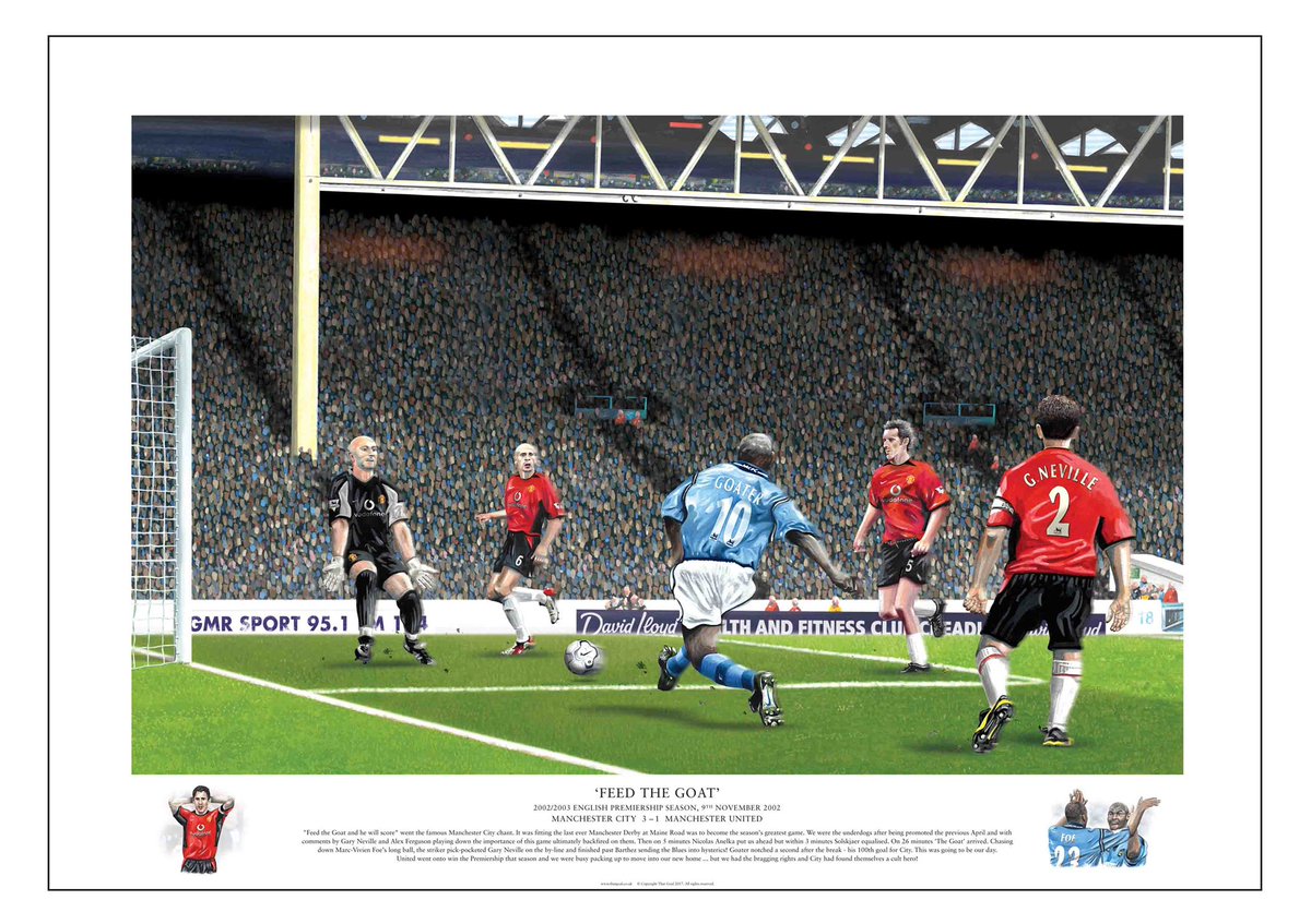 Feed the Goat and he will score! Can you believe 20yrs ago today ⚽️💙 <a href="/OfficialSGoater/">Shaun Goater MBE</a> View Shaun’s iconic goal in my painting “FEED THE GOAT” &amp; other classic #mancity goals visit thatgoal.co.uk #mcfc  #mancityfootballclub #feedthegoat #shaungoater