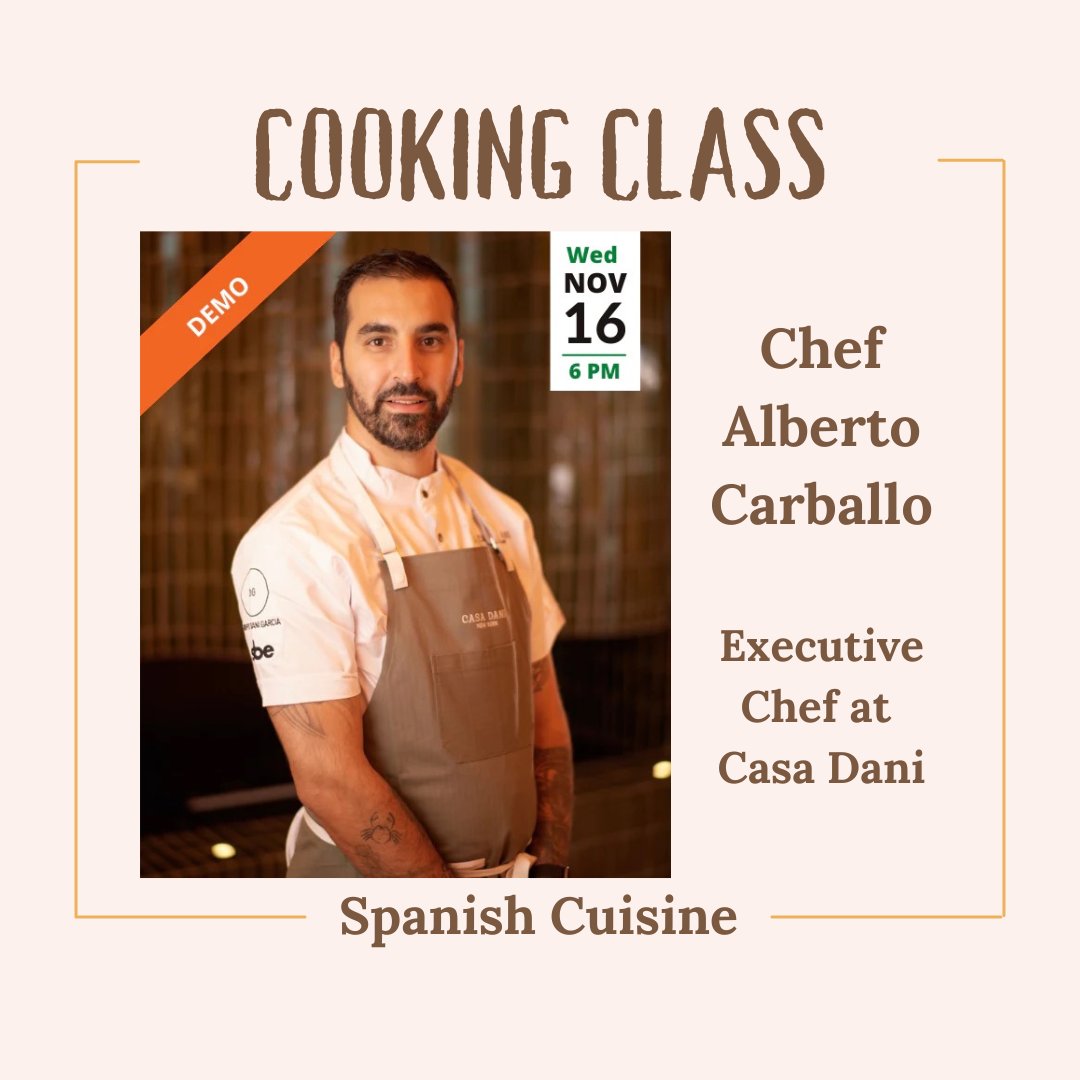 Cooking Class with Alberto Carballo!
Exec chef of Casa Dani
NY Times Pick: nyti.ms/3fP2cLU

WHEN: Wed, Nov 16, 6PM

ABOUT: Carballo worked at Spanish Manzanilla &amp; Boqueria, + helped obtain a Michelin star at Luksus.

WHAT: Spanish cuisine

Tix: bit.ly/3WpSHmE
