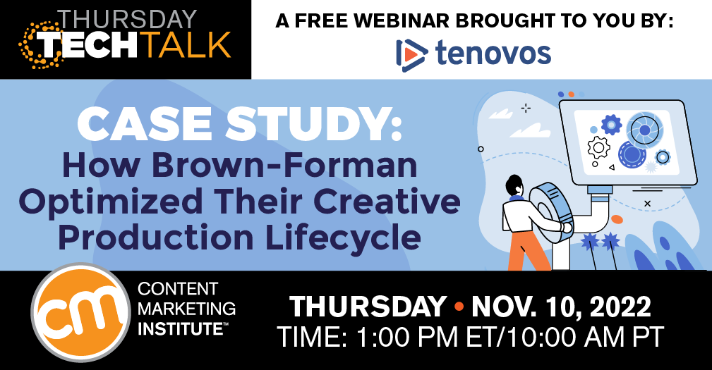 CMIContent's tweet photo. Don't miss tomorrow's Tech Talk! #CMWorld

💡 Case Study: How Brown-Forman Optimized Their Creative Production Lifecycle
✏️ RSVP: https://t.co/NqWj0Q4Gxl

Thanks to @tenovosasm for sponsoring this live session! https://t.co/WG9t48PY29