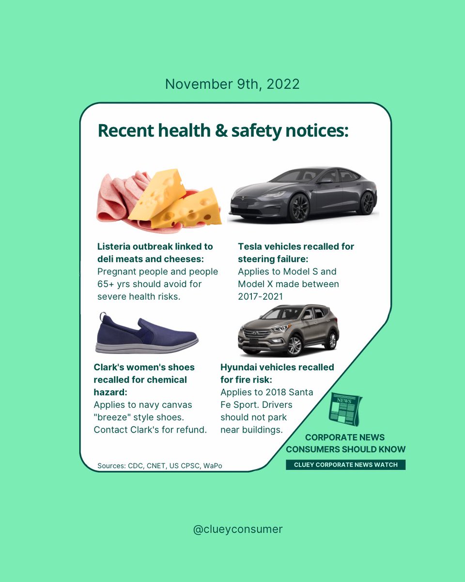 ClueyConsumer's tweet photo. This edition of news 🗞 consumers should know… health and safety notices. 

1. CDC warns of listeria outbreak linked to deli meats and cheese 🧀 
2. Teslas recalled for steering failure 🚗 
3. Clark’s shoes recalled for chemical hazard 👟 
4. Hyundai recalled for fire risk 🚙 https://t.co/g2I531LsGS