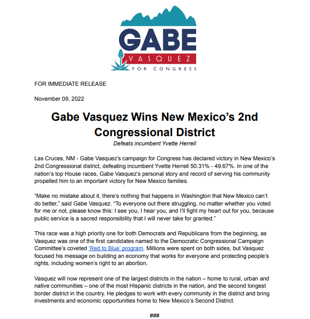 I could not be more proud to be elected to Congress by my fellow New Mexicans. Whether you voted for me or not, I will fight my heart out for you, because public service is a sacred responsibility that I will never take for granted. #NM02