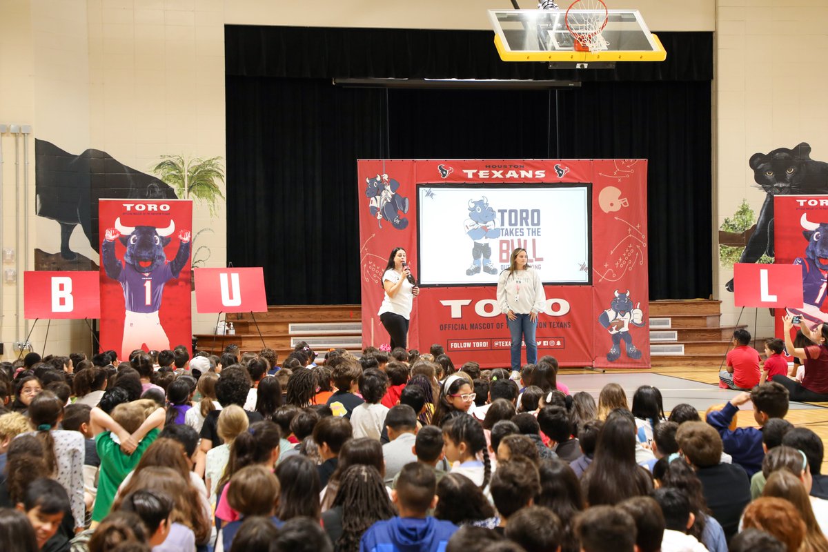 MPElemSchool's tweet photo. The @HoustonTexans mascot, Toro @TexansTORO1 visited our MPE Panthers today. We learned how to identify and deal with bullying.  Thank you TORO and the Texans! @MPElemSchool  #MPEpanthers #katyisd https://t.co/uNC0HUZWyB