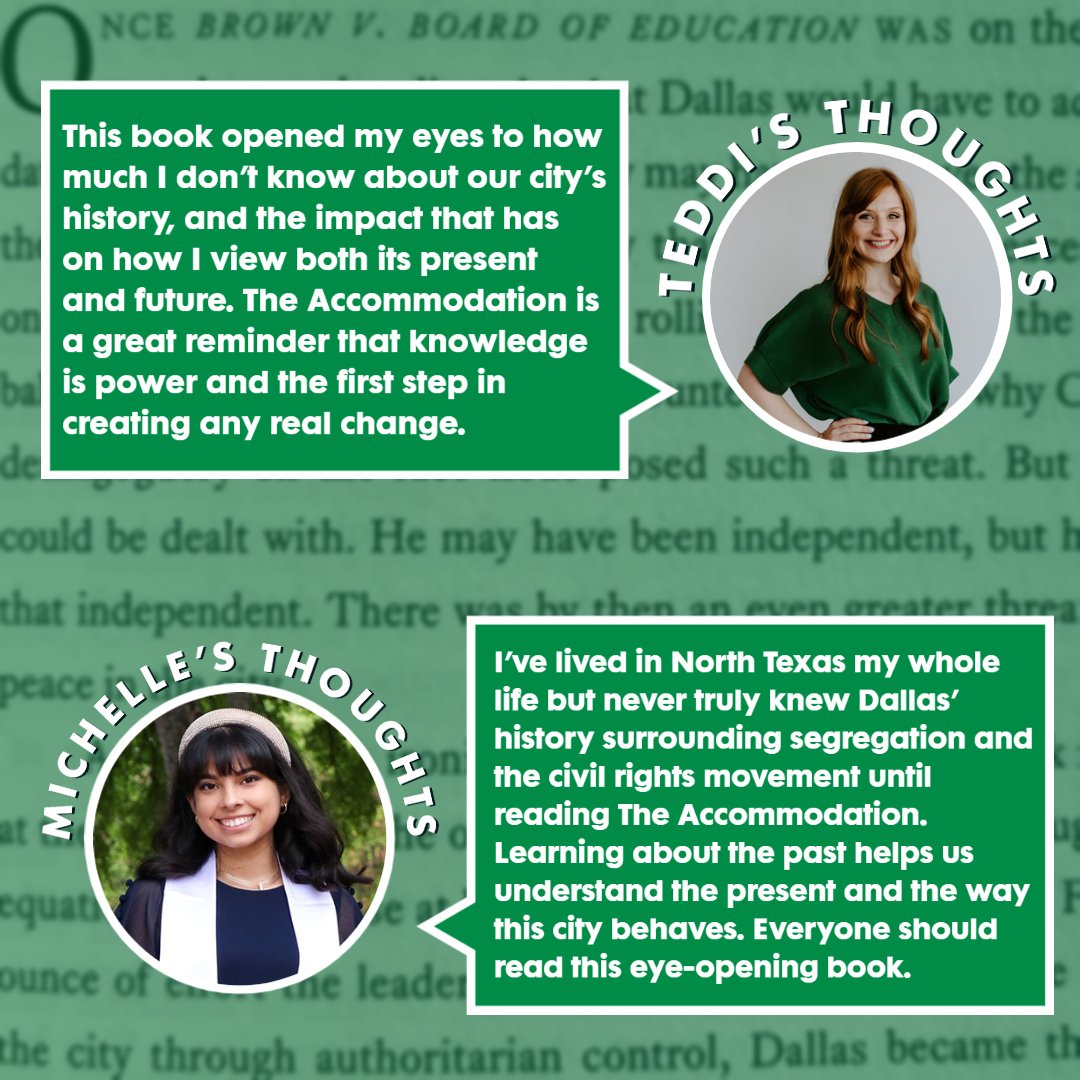 The team recently wrapped our group discussions around @big_d_reads The Accommodation - swipe to read some of our thoughts and takeaways from our time diving into Dallas' history!