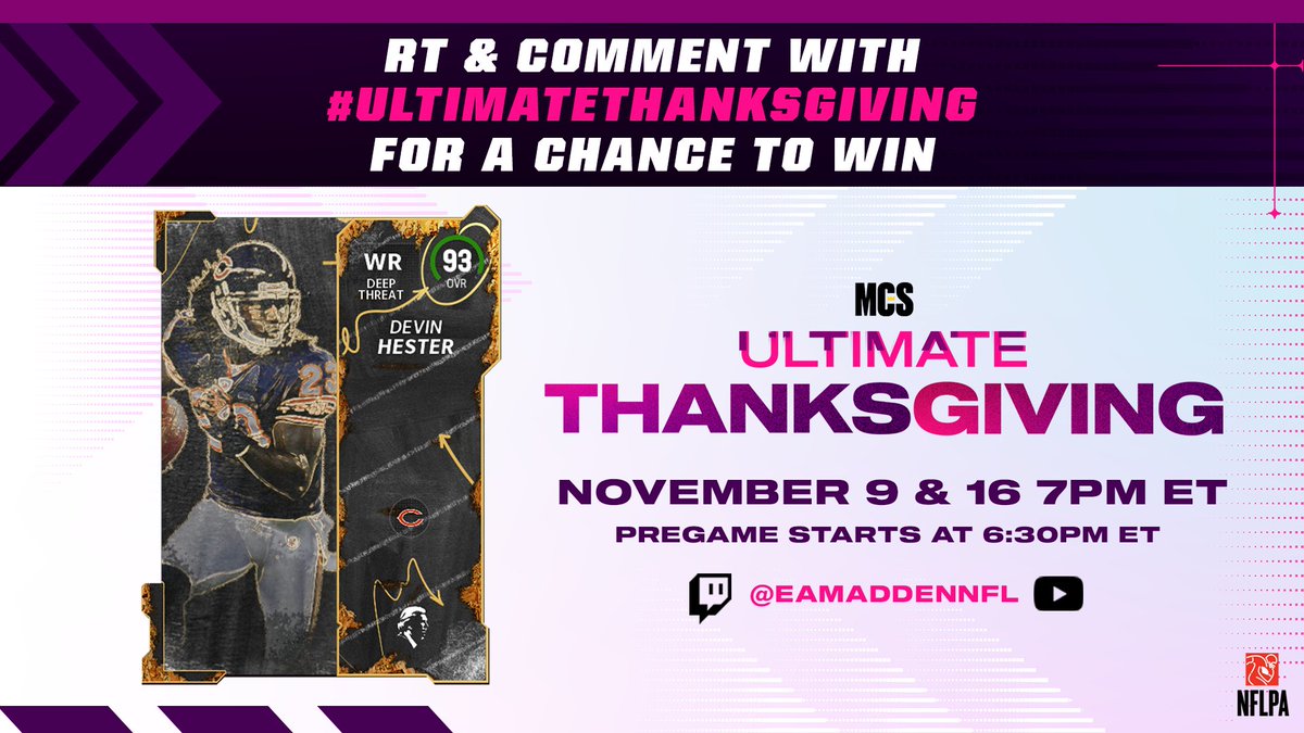 Its tourney time again PEOPLE! Giving away the greatest returner of all time.

MUST LIKE RT &amp; COMMENT ON YOUR FAVORITE MATCHUP FOR TONIGHT. TUNE IN 7PM EST ON twitch.tv/eamaddennfl 

Cleff vs Gabagol
Wesley vs Rage
Dez vs Kmac
Jonbeast vs Gucci
#UltimateThanksgiving #Madden23