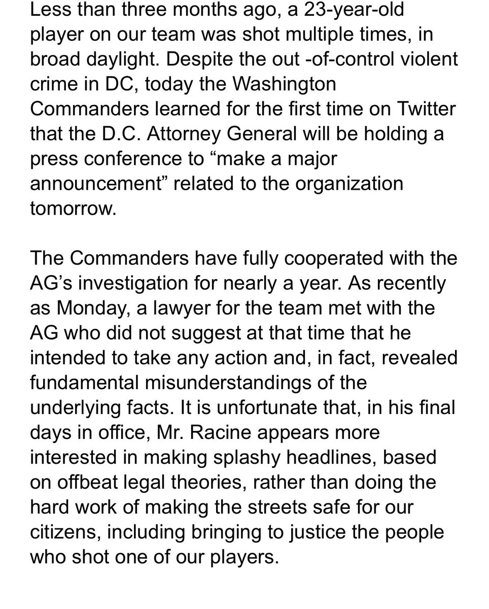 john_keim's tweet photo. From a Commanders spokesperson regarding the DC AG press conference Tomorrow: https://t.co/TIMVfbUYtp