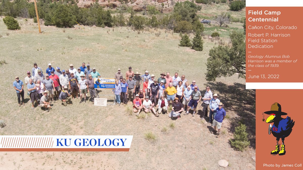 KUGeology's tweet image. #KUgeology Alumni gather with Beth Harrison (R. of sign) to celebrate the dedication of the Robert P. Harrison Field Station to honor her father-in-law, “Bob”, Class of 1939.