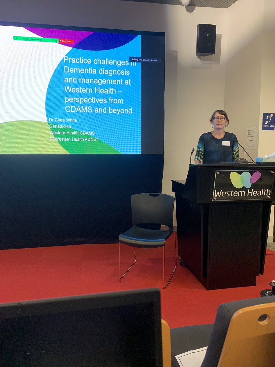 Last speaker in Session 1 is Dr Clare White, discussing practice challenges in #Dementia assessment and diagnosis at <a href="/WesternHealth/">Western Health</a>, with perspectives from the Cognitive, Dementia and Memory Service (CDAMS) and beyond

#VUDementiaCare22 <a href="/victoriauninews/">Victoria University</a> <a href="/AIMSSresearch/">AIMSS</a>