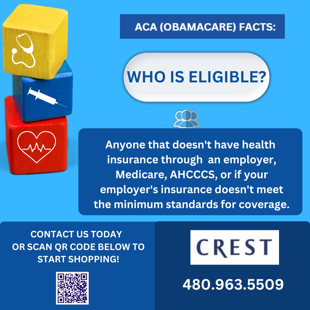 CrestInsurance's tweet image. Are you eligible for an ACA (Obamacare) Plan? Contact us to find out!
#individual #individualinsurance #ifp #crest #obamacare #arizona #broker #agent