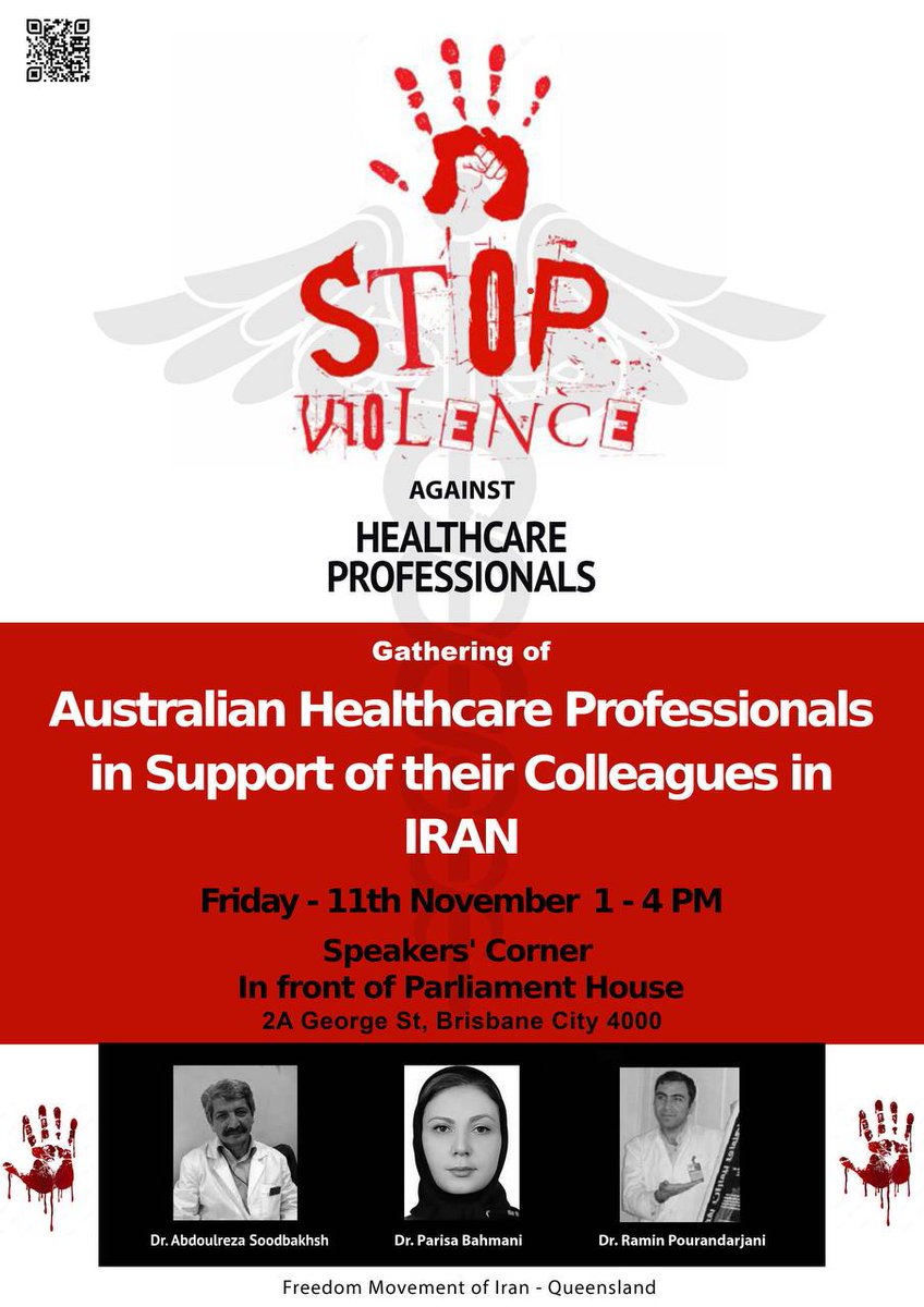 #Qld healthcare workers are holding a peaceful assembly in solidarity with colleagues in #Iran and the medical humanitarian crisis they are facing. Friday 11th Nov, 1-4pm Parliament House. #qldpol