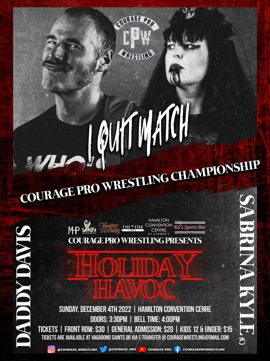 🚨MATCH ANNOUNCEMENT🚨

These 2 have been battling for months now. Can they settle their differences in an ‘I QUIT MATCH’?

<a href="/Queenofhorrorsk/">Sabrina Kyle</a> vs #DADDYDAVIS
Find out Sun. Dec 4th
Hamilton Convention Centre
