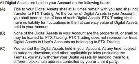 wassielawyer's tweet photo. Extract of FTX terms of service.

If title to the Digital Assets belong to the customer and FTX used it - that is the definition of theft... https://t.co/vZJbhRZe20