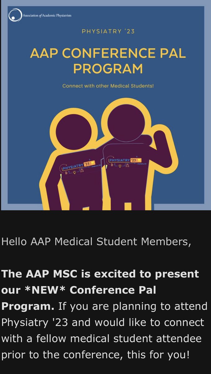 DrDanielPersson's tweet photo. Are you a medical student, going to #Physiatry23 in February, and are afraid that you aren’t going to know anyone? Sign up for the new @AAPhysiatry_MSC Conference Pal Program to get matched with another medical student to hangout with during the conference! https://t.co/vrlKG8upYy
