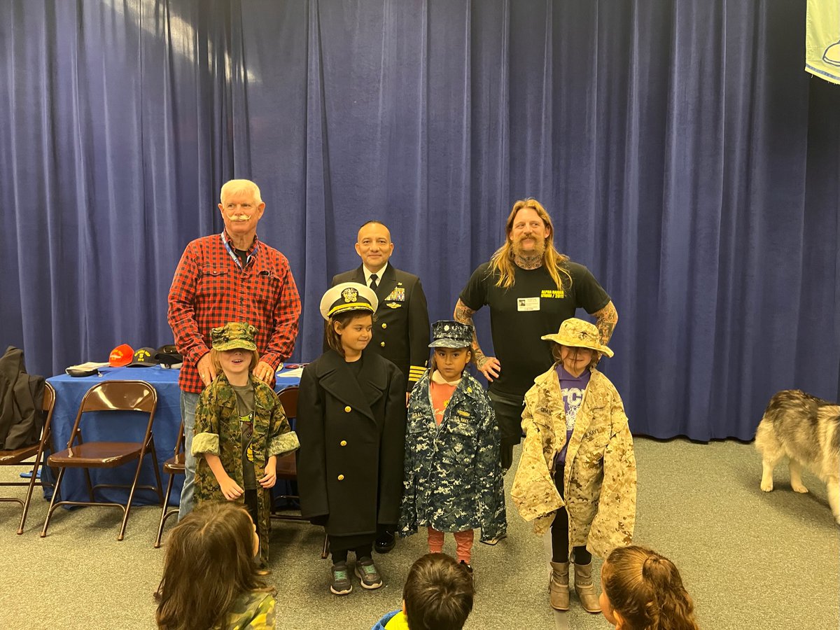 Thank you Cpt. Adolfo Granados (Navy), retired Staff Sgt Brandon Dodson (Marine Corps), retired Master Chief Petty Officer Don Adams (Navy), and Bridget Adams (retired Navy Dental Technician Third Class) for your service and sharing your work with our first graders! #worldofwork