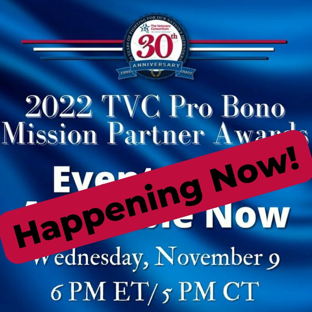 vetsprobono's tweet photo. Tune in now for our 2022 TVC Pro Bono Mission Partner Awards here --> https://t.co/ZEMpVfdtYX
#theyfoughtforus #shefoughttoo @Burnpit360 @jonstewart @johnfeal2 https://t.co/8SGdoGiLmQ