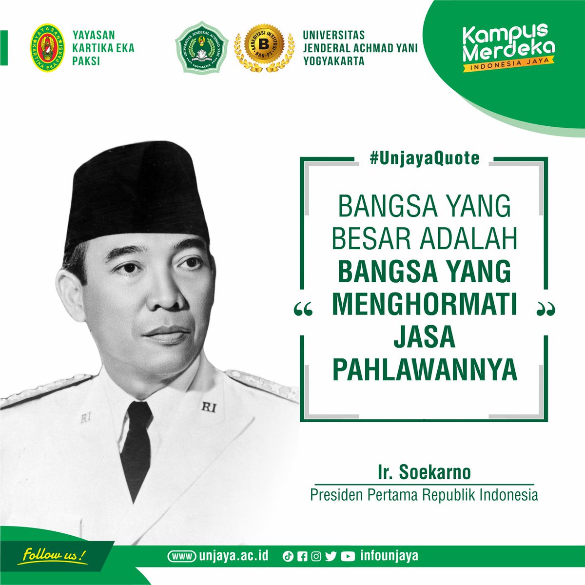 Bangsa yang besar adalah bangsa yang menghormati jasa pahlawannya

Pidato Ir. Soekarno
Presiden Pertama Republik Indonesia

Selamat Hari Pahlawan Tahun 2022
“PAHLAWANKU TELADANKU”

#bungkarno #haripahlawan #10November2022 #unjaya #achmadyanimuda