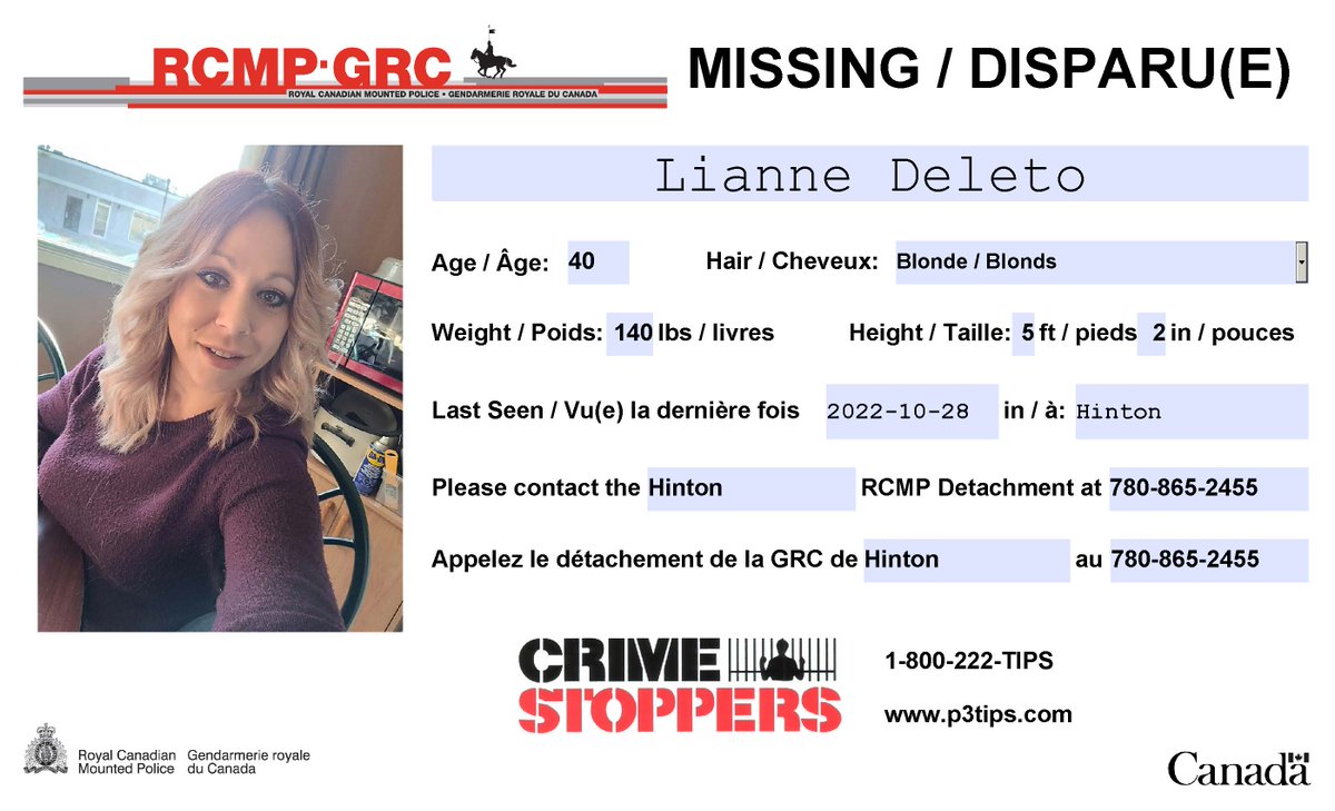 RCMPAlberta's tweet photo. #Missing: Lianne Deleto, 40, #Hinton. https://t.co/hH2hqycLV0