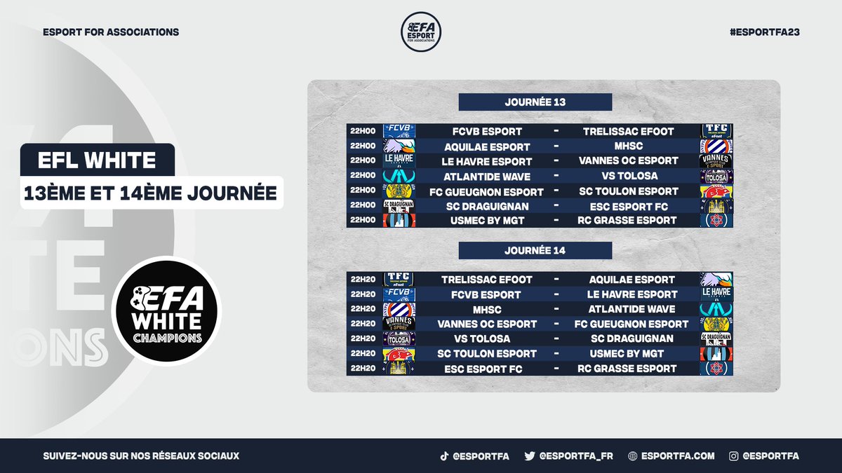 🏆• EFL White
⚽️• Matchday J13 &amp; J14

🎮•  @Aquilae_CP contre le <a href="/MhscPro/">MONTPELLIER HSC PRO CLUB</a> et <a href="/TrelissaceFoot/">Trelissac eFoot 🇨🇵</a>, pour <a href="/AtlantideCP/">Atlantide Wave CP</a> c'est maintenant ou jamais, @UsmecByMgt affronte <a href="/RCGrasse_eSport/">RC Pays de Grasse eSport</a>, choc entre le <a href="/FCVB_eSport_CP/">FCVB eSport Club Pro</a> et <a href="/TrelissaceFoot/">Trelissac eFoot 🇨🇵</a> !

#eSports #FIFA23 #ESPORTFA23
