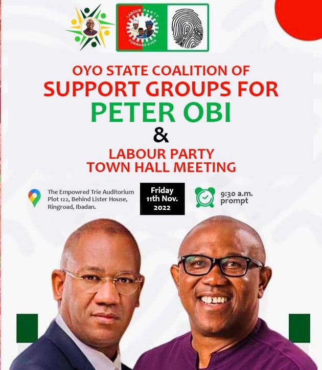 OyoObidients's tweet photo. The Coalition of Support Groups for Peter Obi and Labour Party will be holding a crucial Town hall meeting this coming Friday, letters have been sent out to as many. If you're a support group in Oyo state, please avail yourself.
You may reach out to @olammypo01 and @OyoforPO https://t.co/b6tqBi8hhX