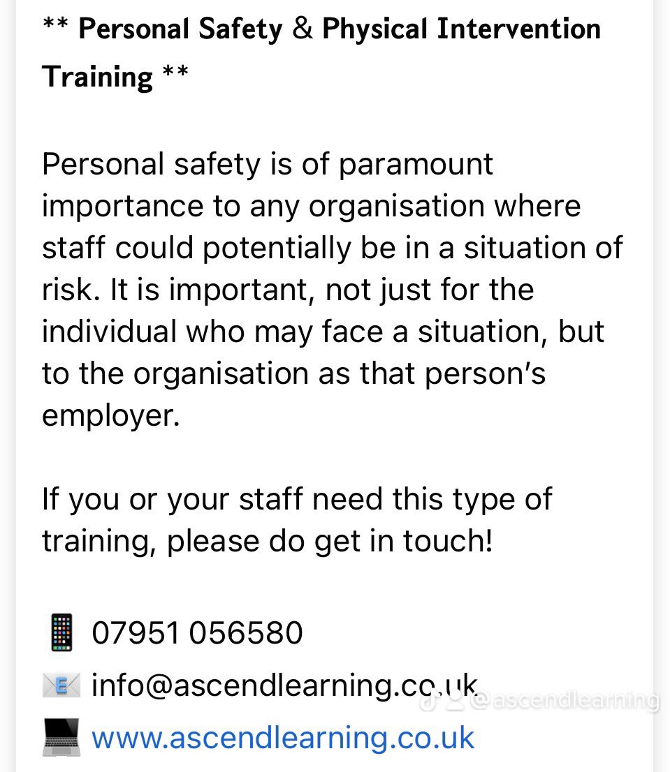 Personal Safety - Positive - Handling - Prevention &amp; Management of Violence and Aggression 

If you or your staff need this type of training, please do get in touch!

📱 07951 056580
📧 info@ascendlearning.co.uk 
💻 ascendlearning.co.uk