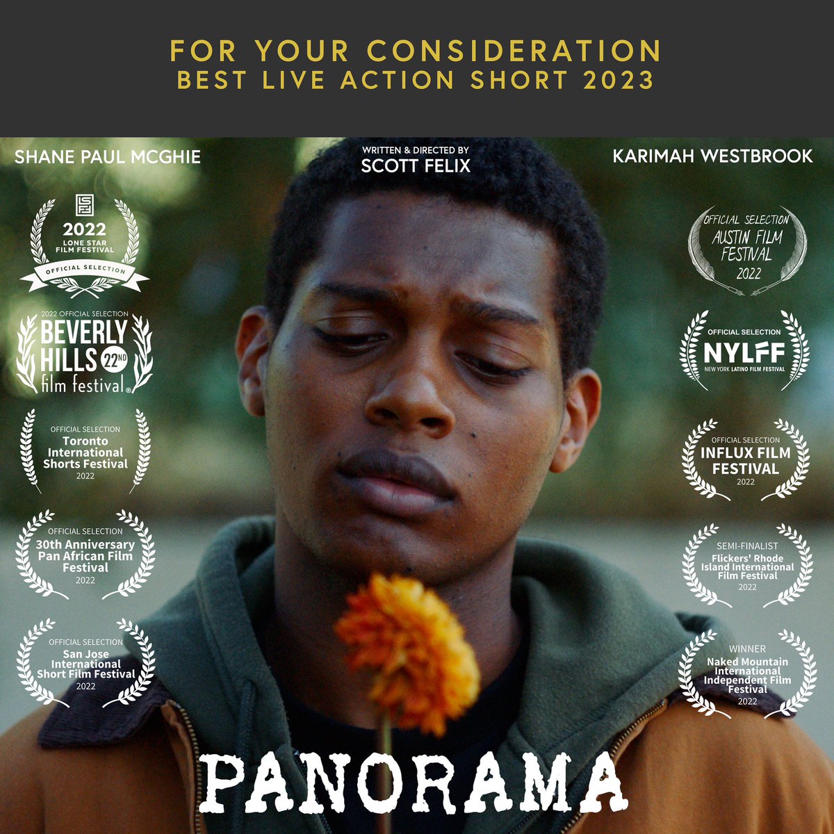 It is with great honor that myself and our team get to finally share the exciting news:

PANORAMA is now in consideration for Best Live Action Short 2023. 

I’m so grateful for this moment and am looking forward to continuing the work. Upcoming screenings to be announced soon!