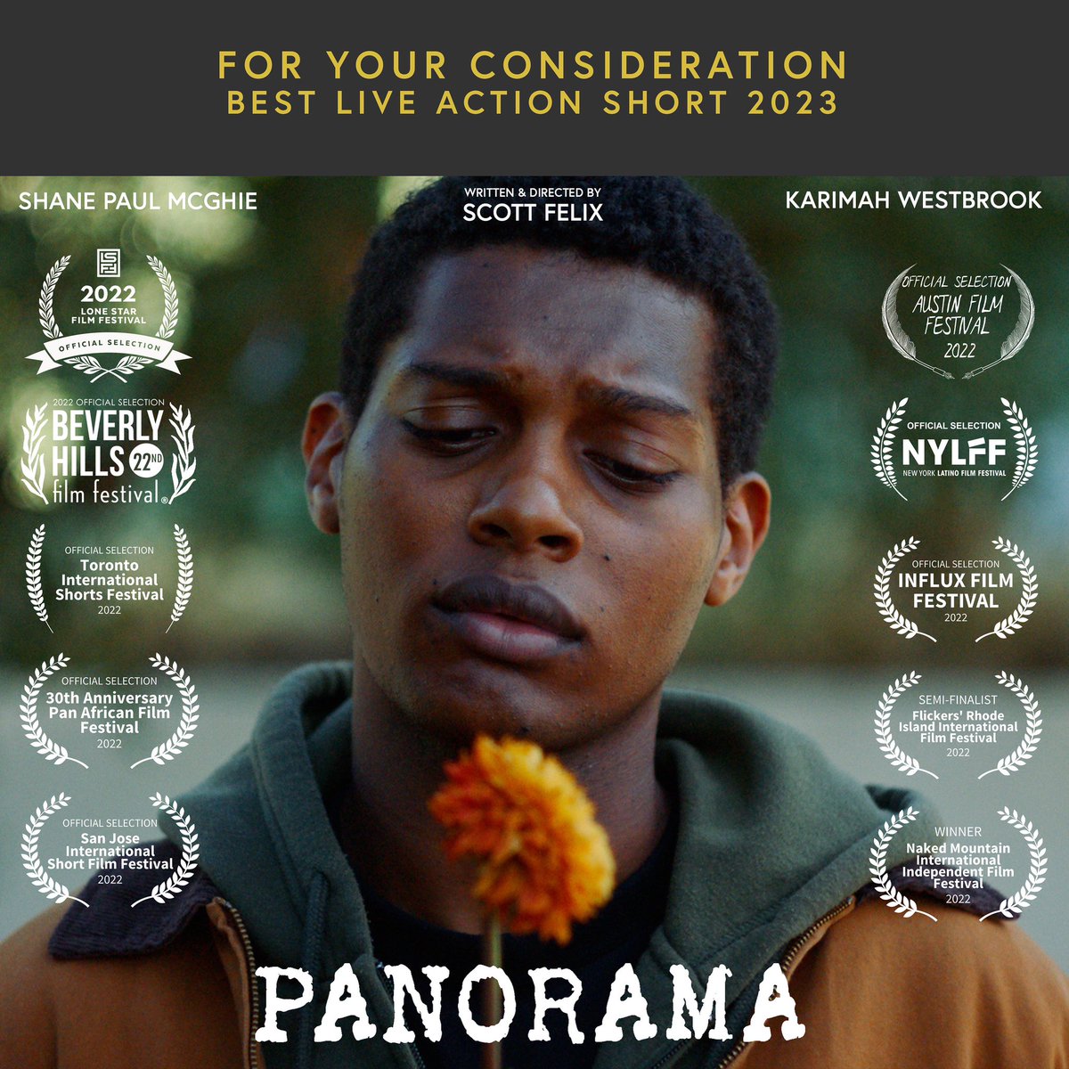 It is with great honor that myself and our team get to finally share the exciting news: PANORAMA is now in consideration for Best Live Action Short 2023. I’m so grateful for this moment and am looking forward to continuing the work. Upcoming screenings to be announced soon!