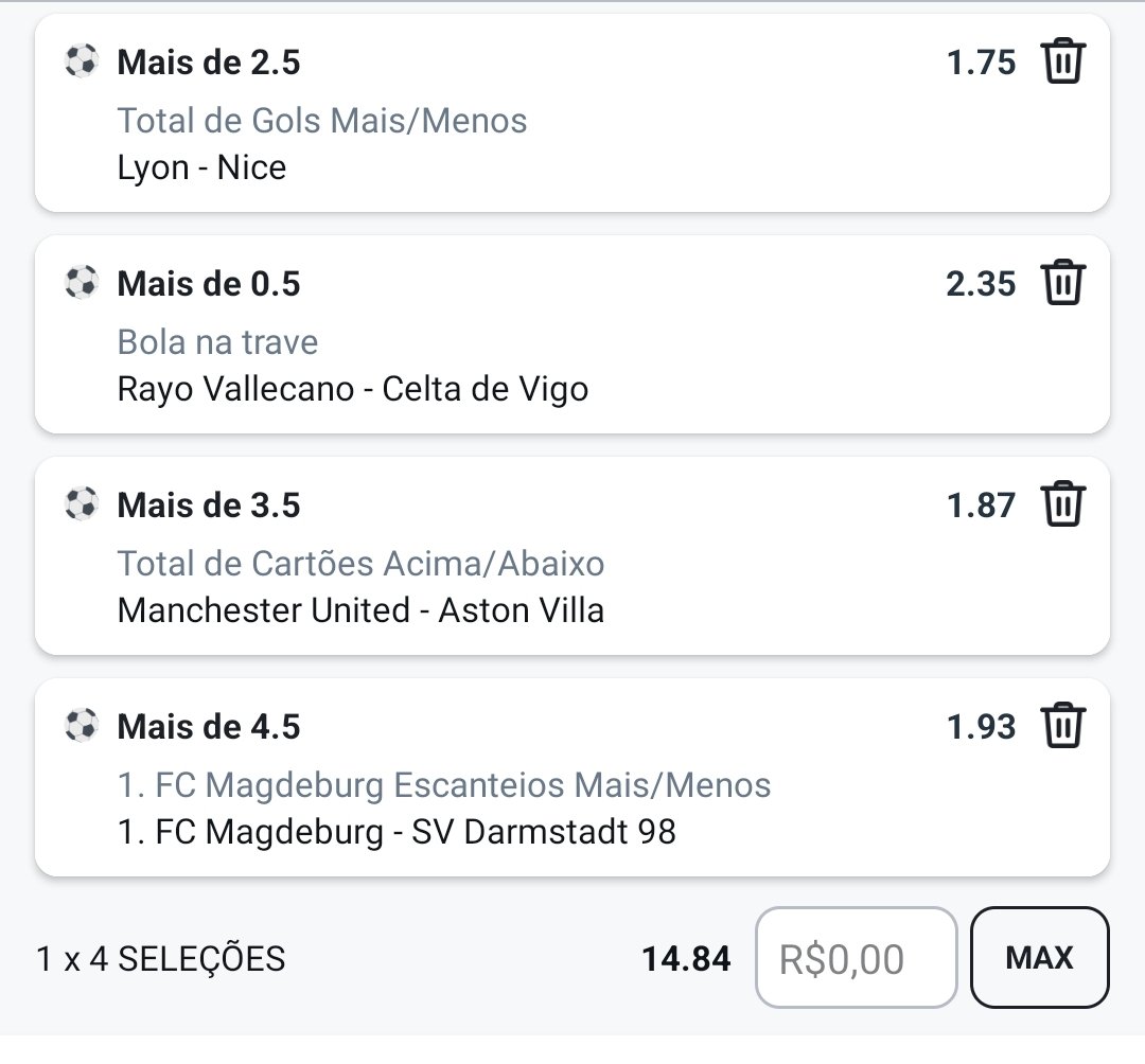 aposta_perfil's tweet photo. 🇫🇷 - Lyon x Nice +2,5 Gols (1,50%)
🇪🇸 - Rayo x Celta +0,5 bola na Trave (1,25%)
🏴󠁧󠁢󠁥󠁮󠁧󠁿 - +3,5 cartões Manchester United x Aston Villa (1%)
🇩🇪 - +4,5 Magdeburg escanteios (1%)

Mutipla: 0,5% https://t.co/XpcRzYUN5c