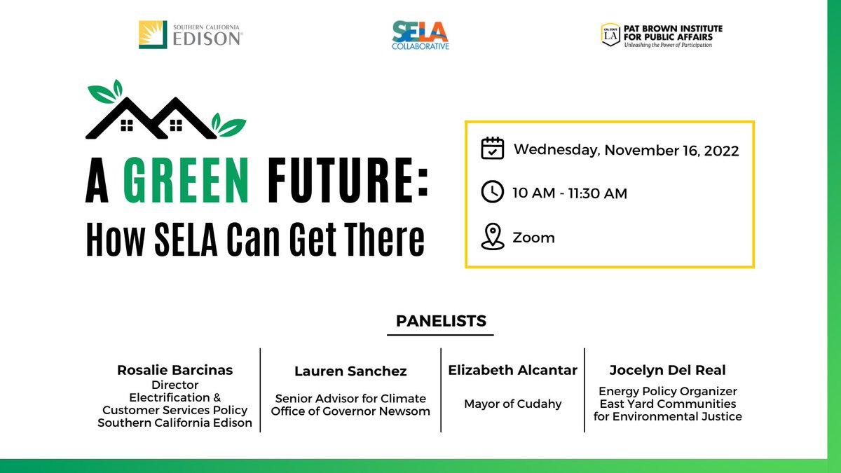 Calling all #SELA leaders and members of the community to join <a href="/PBI/">Pat Brown Institute</a>, <a href="/SCE/">SCE</a>, and the <a href="/selacollab/">SELA Collaborative</a> next Wednesday, November 16, at 10 AM for a virtual event that asks: What might a green future look like in SELA? 

Register to listen to the panel discussion. 🔗tinyurl.com/2022AGreenFutu…