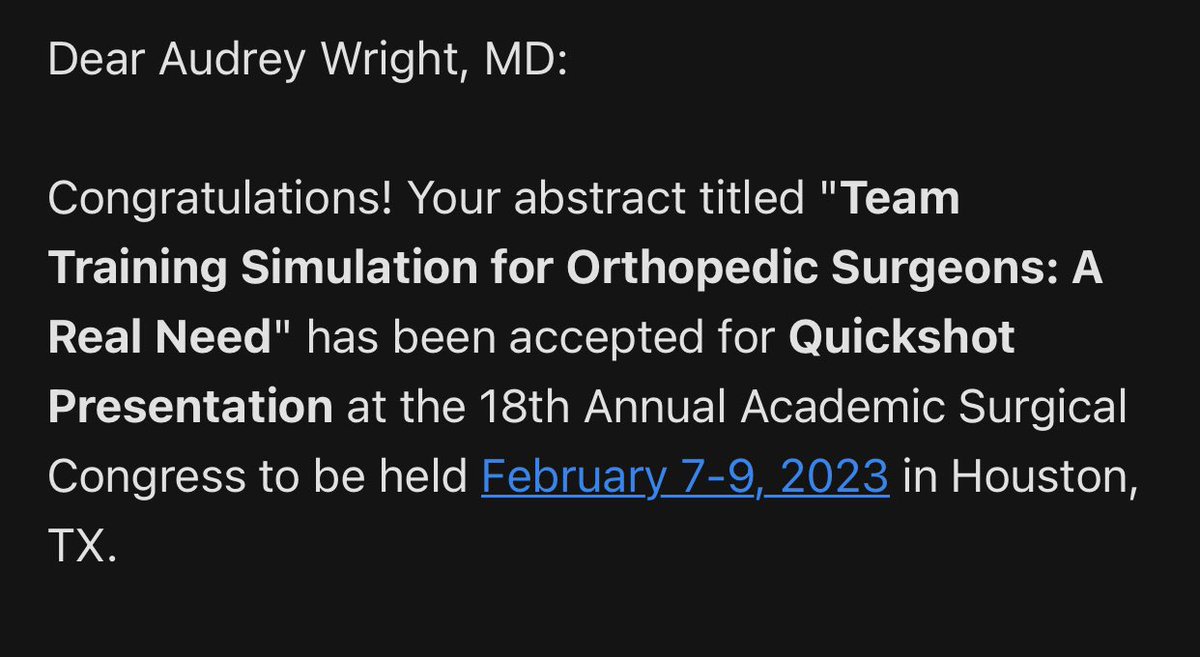 I’m so grateful to <a href="/karendickenson/">karen dickenson</a> and Vanessa Bastidas for our teamwork on this project 🤩 I can’t wait to share our work on team training simulation in ortho training at #academicsurgicalcongress in Houston! <a href="/UAMSOrtho/">UAMS Health Orthopaedics & Sports Medicine</a> let’s go!!🦴