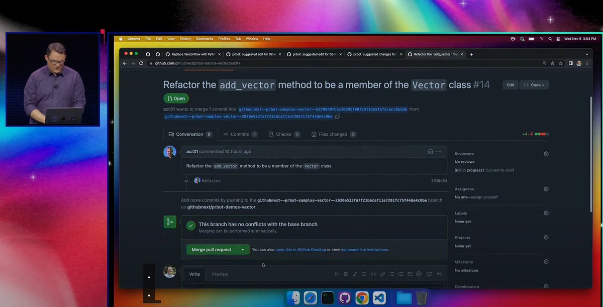 altryne's tweet image. .@github ... prbot is ridiculous insane. 
CoPilot is inside your PRs... it's straight up suggests what code changes you should do, and gives you a PR that you can review, pull and see if it.. just worked. 

#GitHubUniverse 🤯
