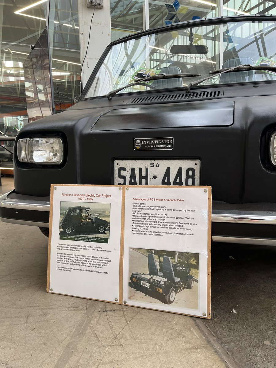Flinders's tweet photo. Check out the 1972-1982 Flinders University Electric Car Project! Built by scratch by Flinders University employees, the SAH448 Investigator MKI was powered by battery electric through hydraulic drive!๐ก @NVIFlinders @FutureEnergySA #futureenergyweek https://t.co/dlDgHGFPRy